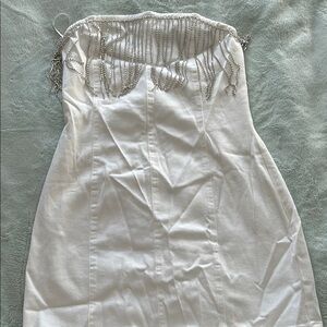 Rylie White Denim Strapless Fringe Mini Dress + 12th Tribe